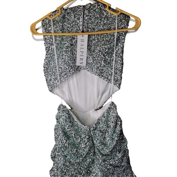 NWT Halpern cupped sequin high collared cut out dress aqua lace size 34/US 2 - Picture 11 of 14